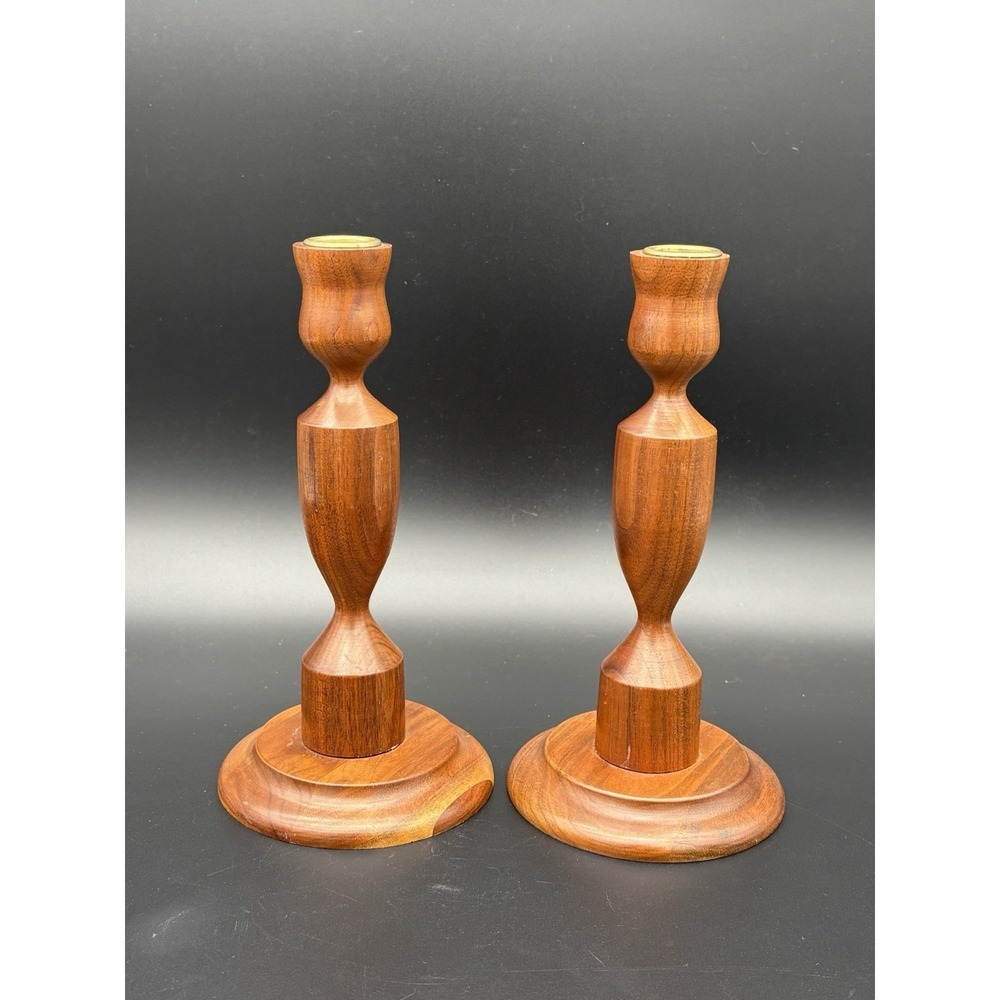 Vintage Ozark Walnutware Solid Walnut Candlesticks Pair Native Wood Products